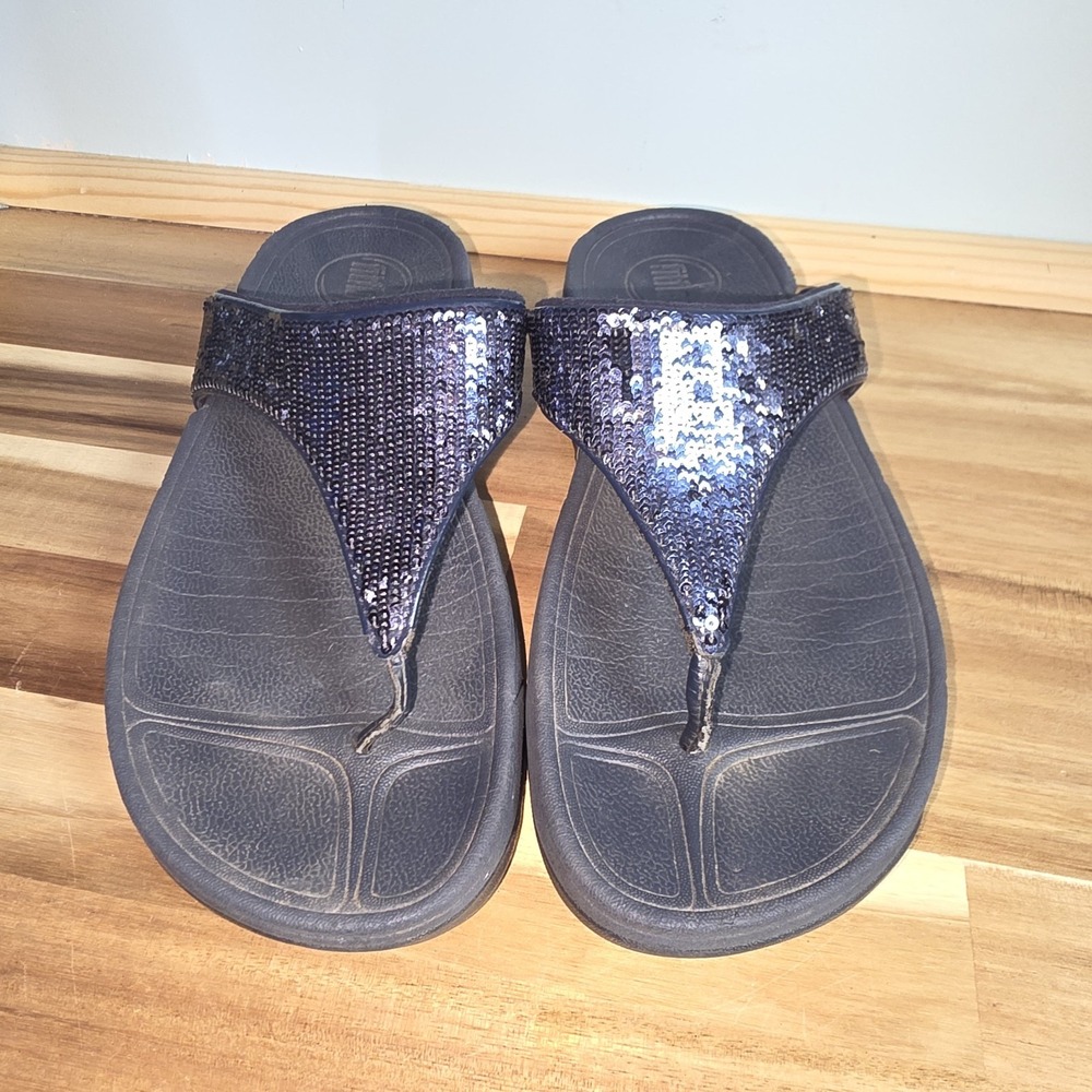 FitFlop Flare‎ Navy Blue Sequin Thong Sandals Womens Size 7 034-097 Sparkle